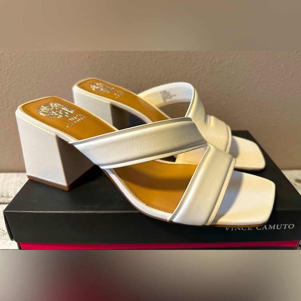 Vince Camuto White Block Heel Slide Sandals - Picture 2 of 9